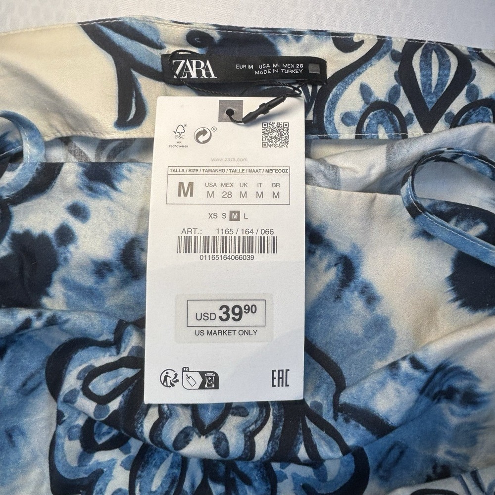 Zara Women M Ruched Sides Cami Top Blue & White Paisley Square Neck Side Zip New - Picture 6 of 10